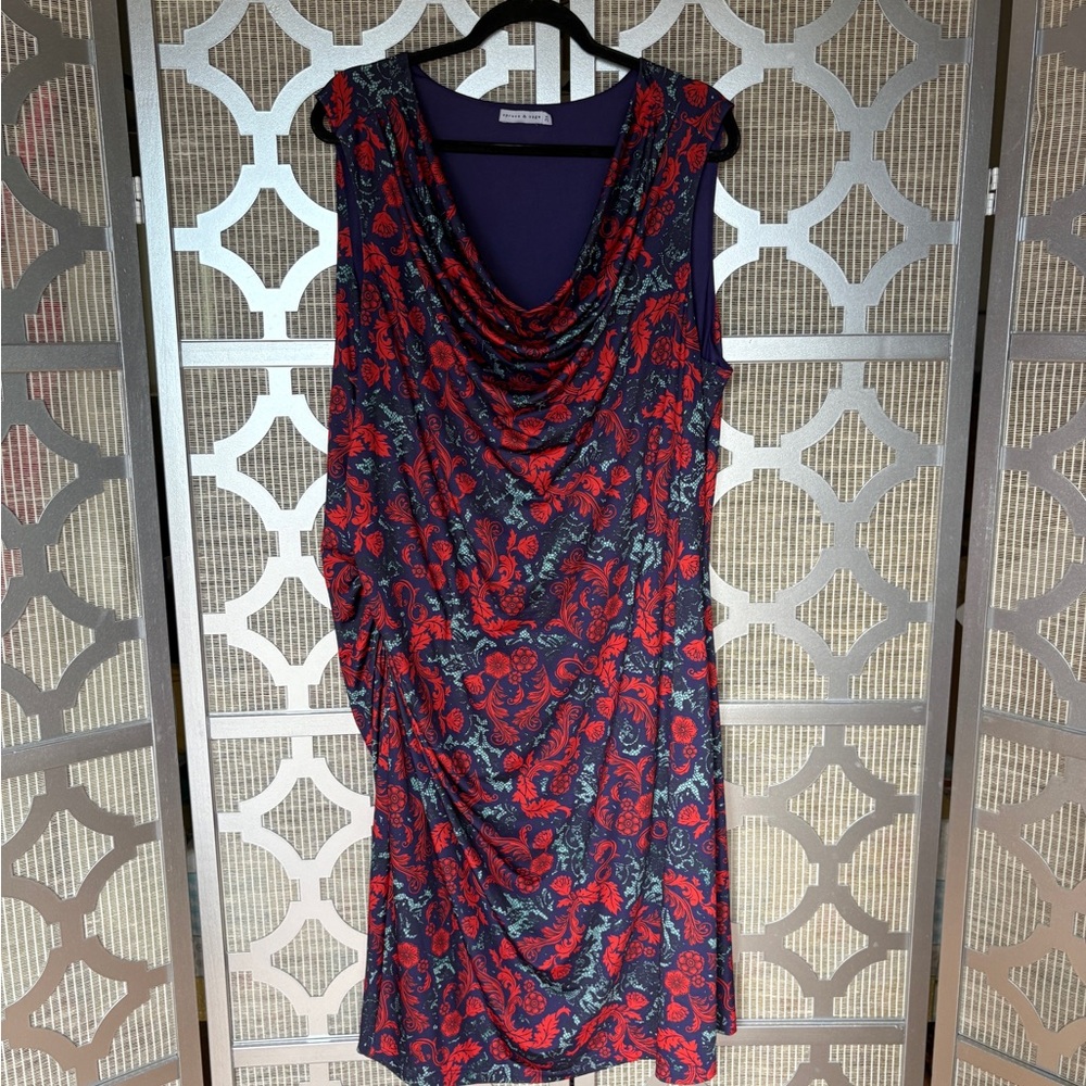 Red and Blue Ruched Asymmetrical Sheath Dress